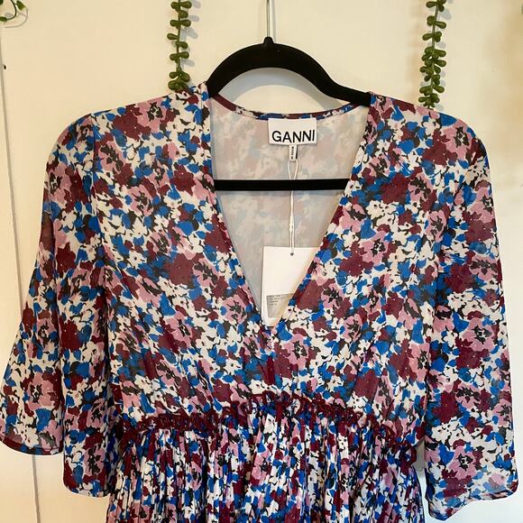 NWT Ganni Pleated Georgette Mini Dress Multi-Color Flounce V-Neck NEW sz 36 - Picture 4 of 16